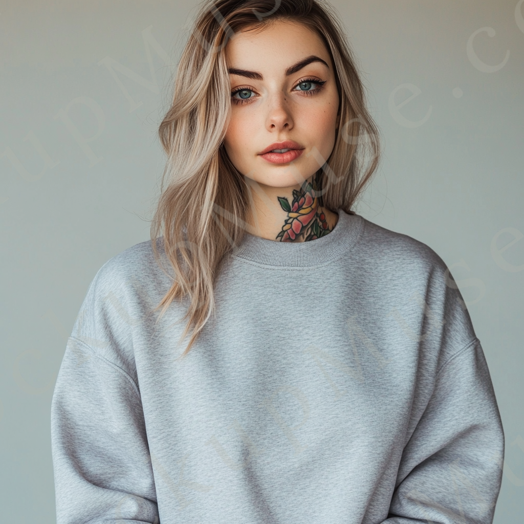 Womens grey sweatshirt mockup – studio portrait, clean neutral backdrop; Gildan 18000 fit