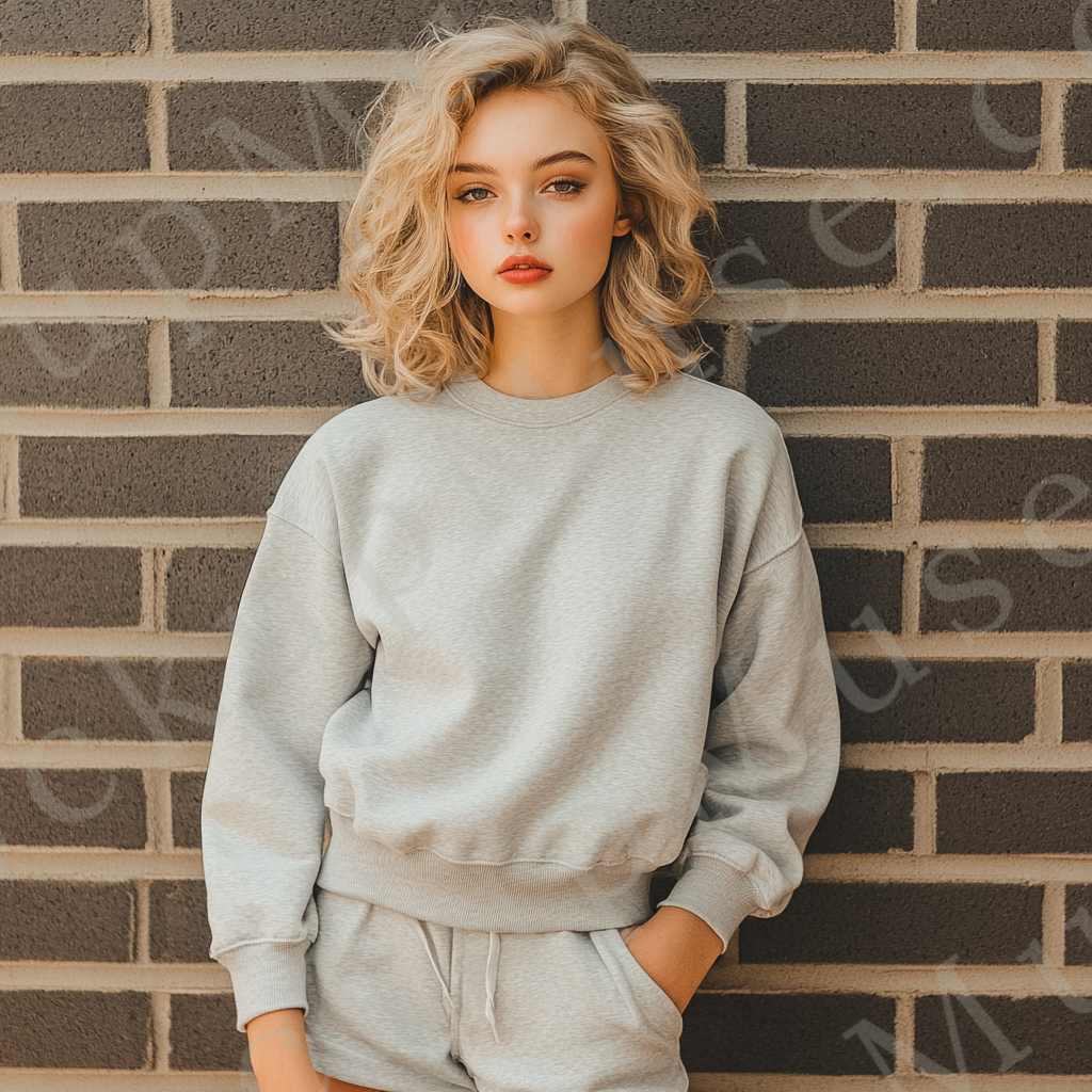 Womens grey sweatshirt mockup – lifestyle, brick wall backdrop; Gildan 18000 fit
