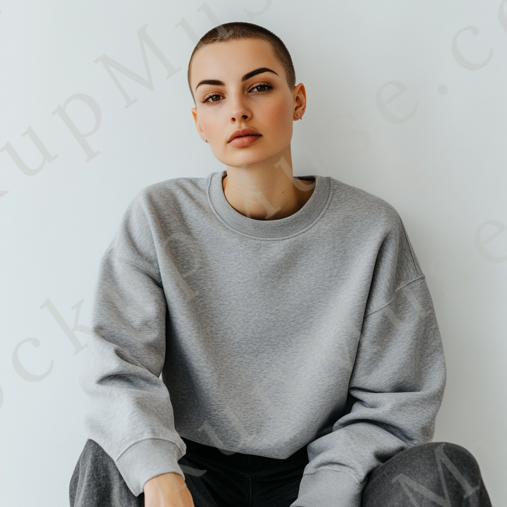 Womens grey sweatshirt mockup – studio portrait, clean white backdrop; Gildan 18000 fit
