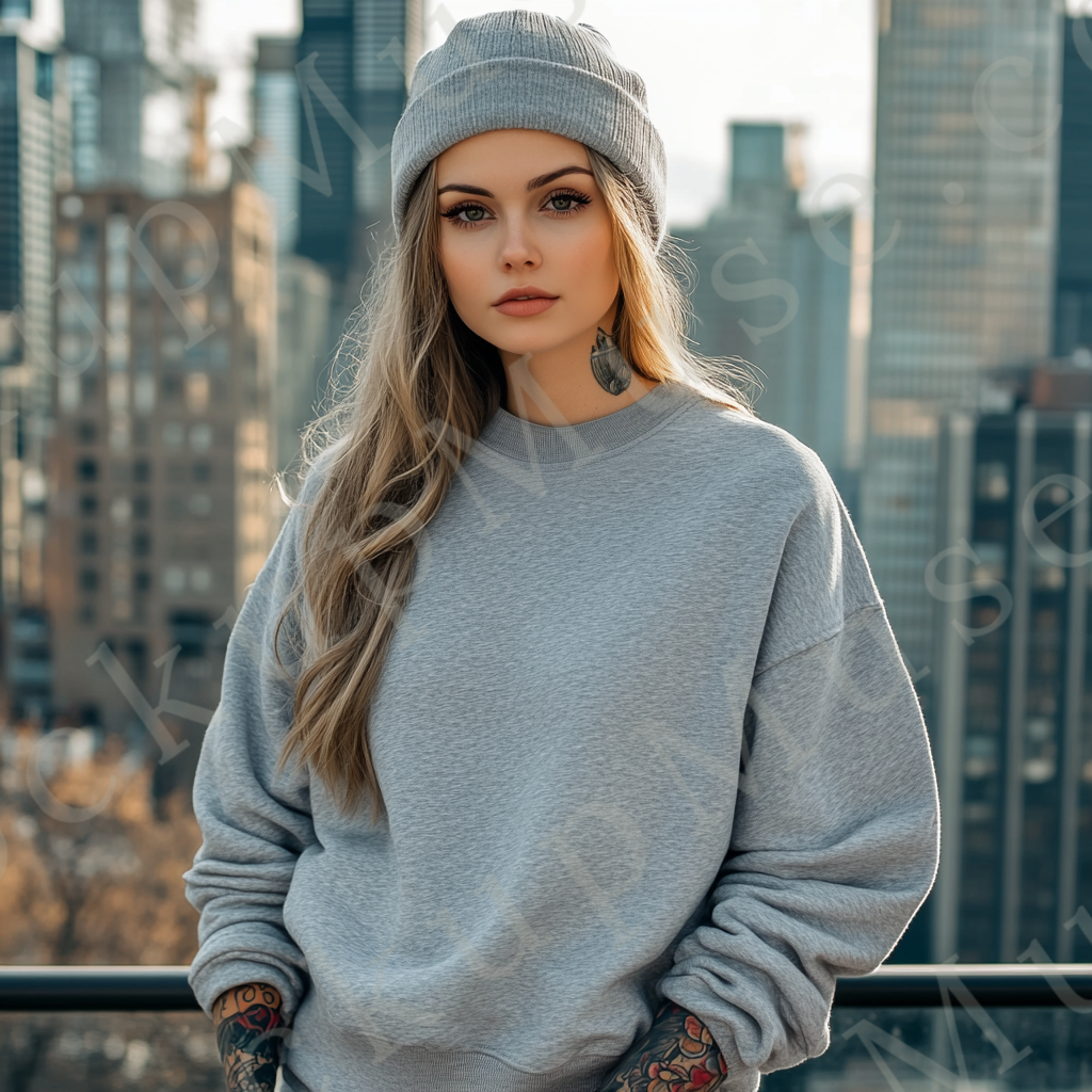 Womens grey sweatshirt mockup – lifestyle editorial, outdoor city, beanie; Gildan 18000 fit