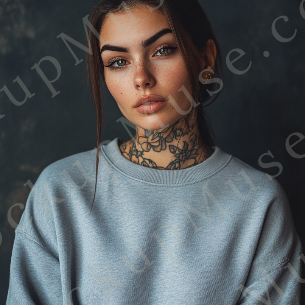 Womens grey sweatshirt mockup – studio portrait, neck tattoos visible; Gildan 18000 fit
