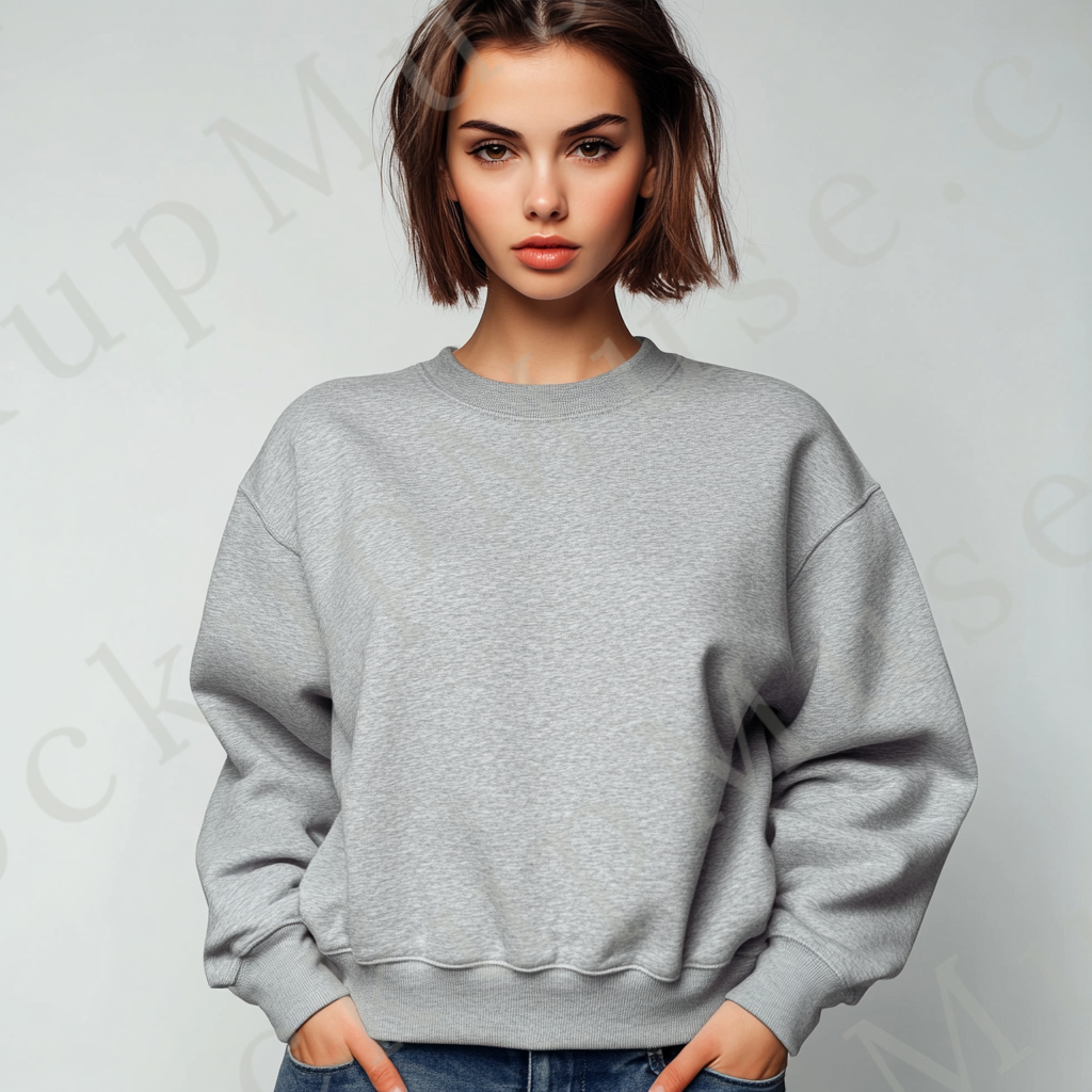 Womens grey sweatshirt mockup – neutral studio portrait, hands in pockets; Gildan 18000 fit