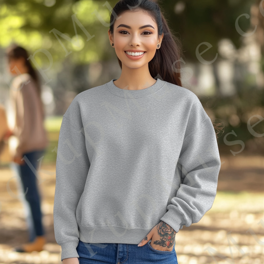Womens grey sweatshirt mockup – lifestyle, outdoor, casual smile; Gildan 18000 fit