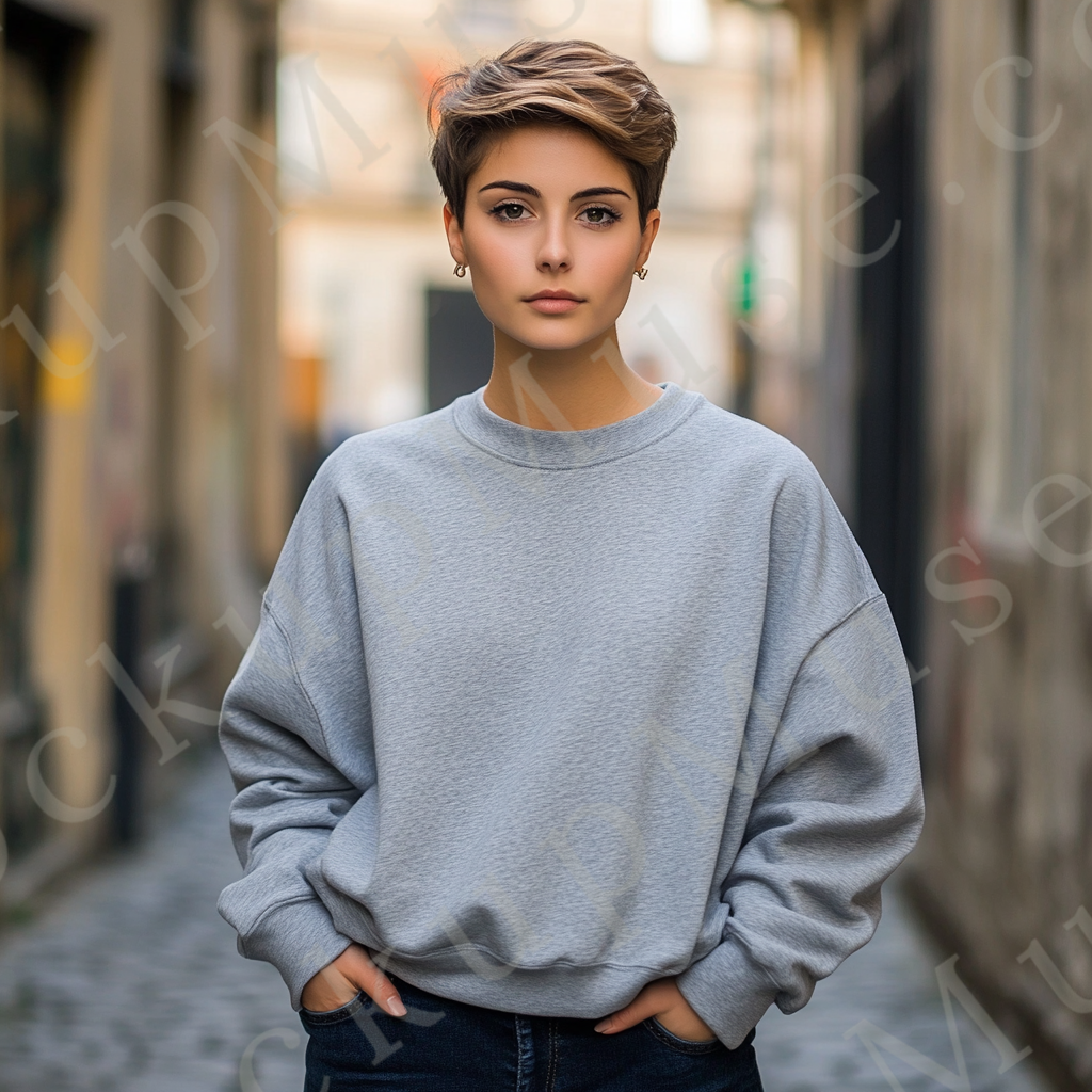 Womens grey sweatshirt mockup – lifestyle, outdoor casual; Gildan 18000 fit