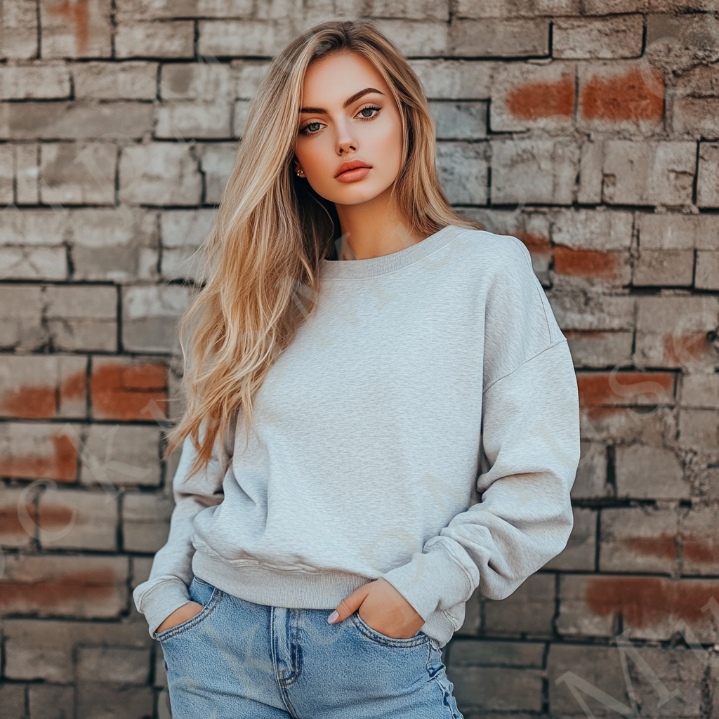 Womens grey sweatshirt mockup – lifestyle, brick wall background; Gildan 18000 fit