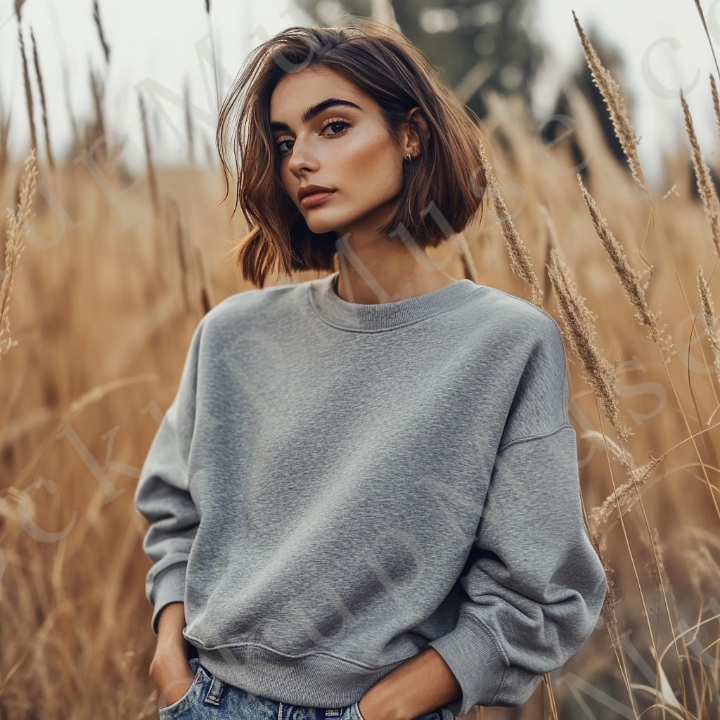 Womens grey sweatshirt mockup – lifestyle, outdoor field, golden grass; Gildan 18000 fit