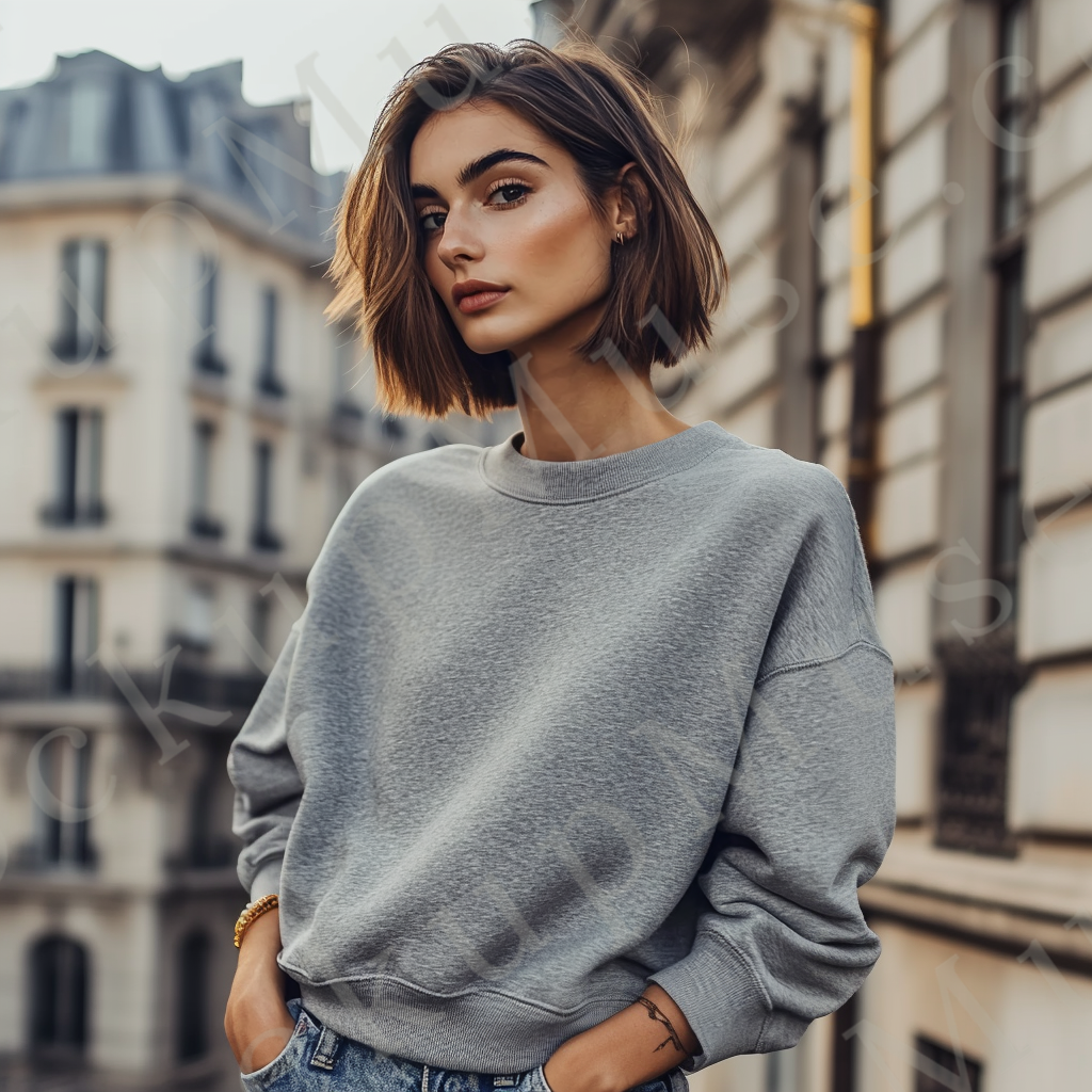 Womens grey sweatshirt mockup – lifestyle, outdoor city backdrop; Gildan 18000 fit