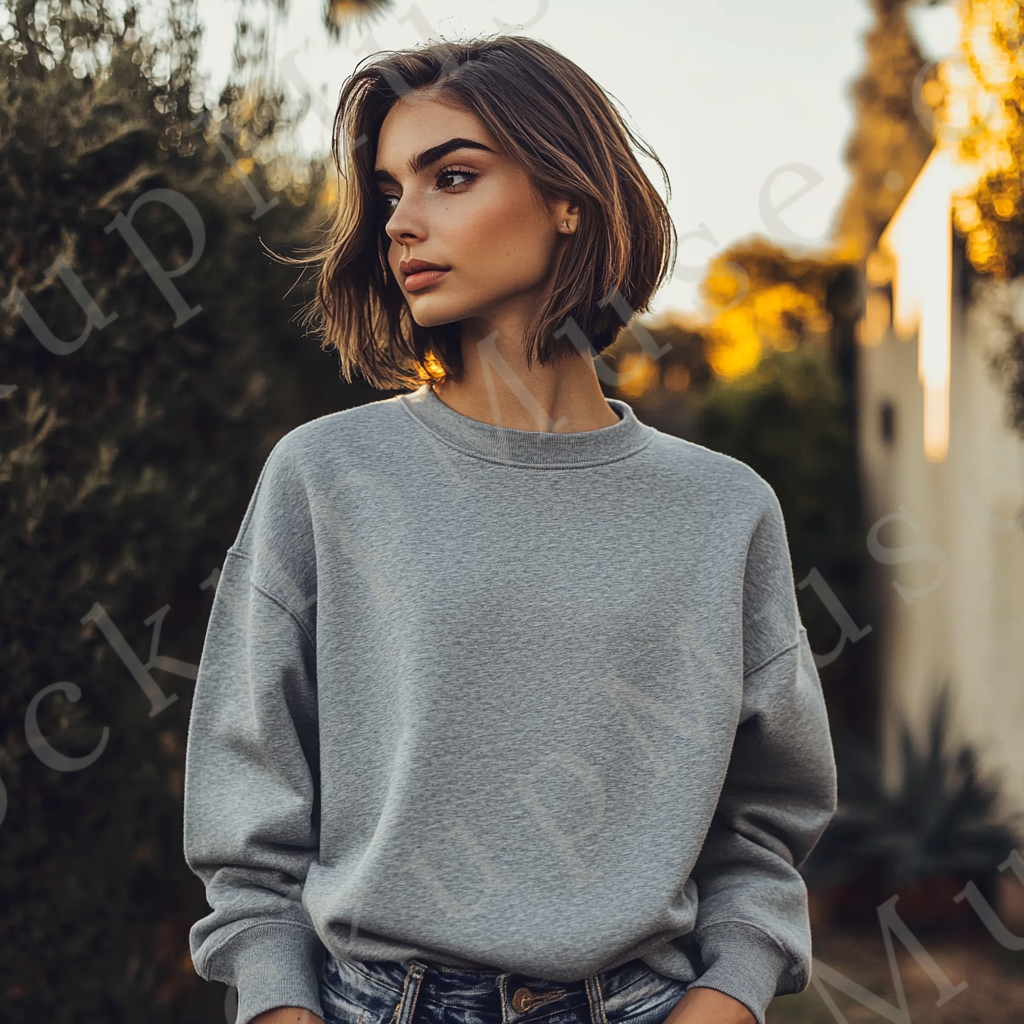 Womens grey sweatshirt mockup – lifestyle, outdoor casual, sunset lighting; Gildan 18000 fit