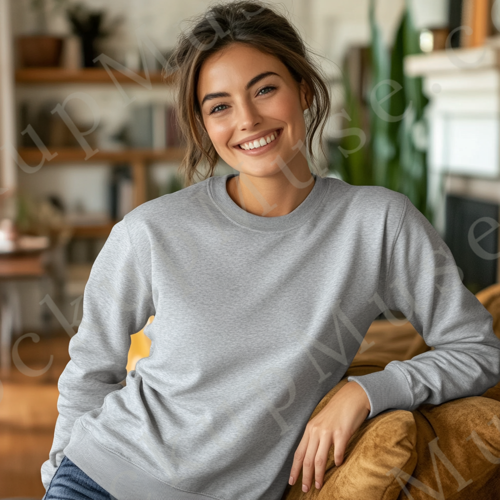 Womens grey sweatshirt mockup – lifestyle, indoor living room; Gildan 18000 fit