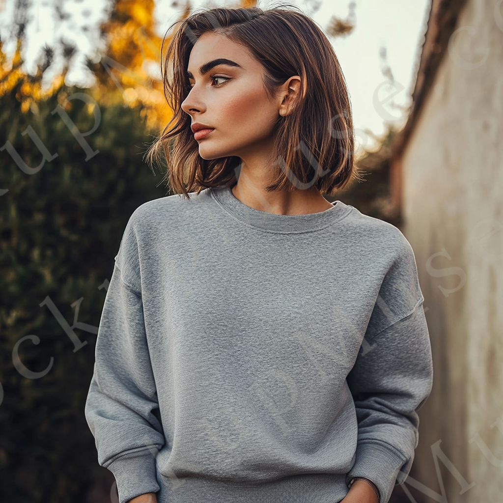 Womens grey sweatshirt mockup – lifestyle, outdoor wall, warm light; Gildan 18000 fit