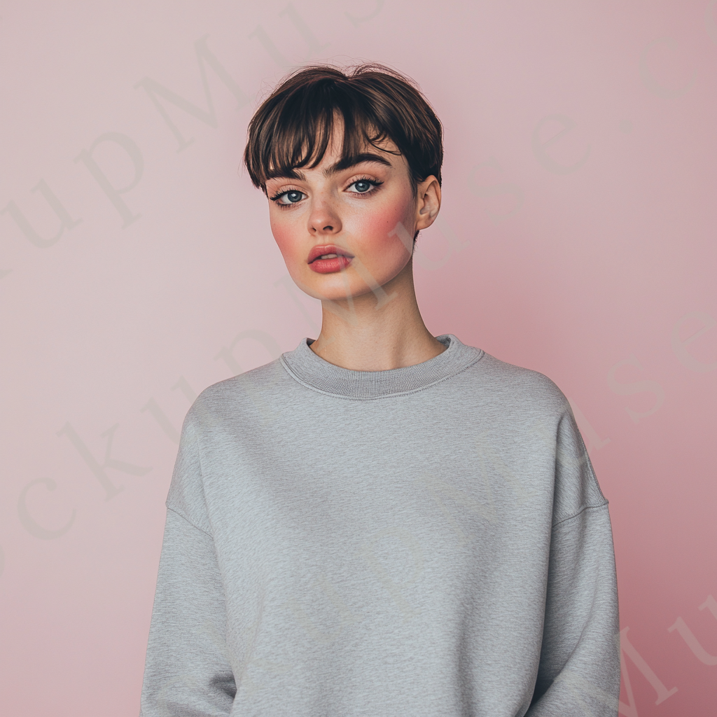 Womens grey sweatshirt mockup – studio portrait, pink backdrop; Gildan 18000 fit