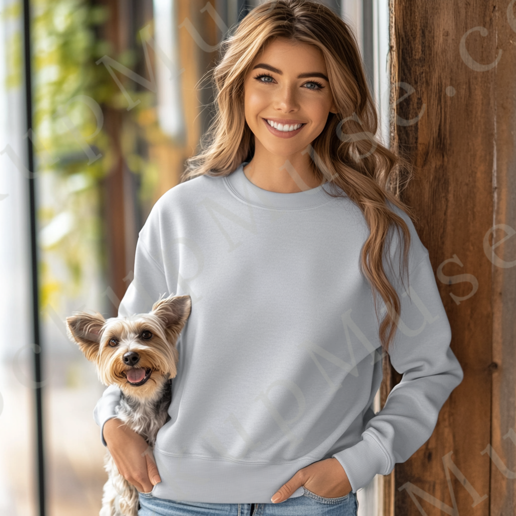 Womens grey sweatshirt mockup – lifestyle outdoor with dog, wood wall background; Gildan 18000 fit
