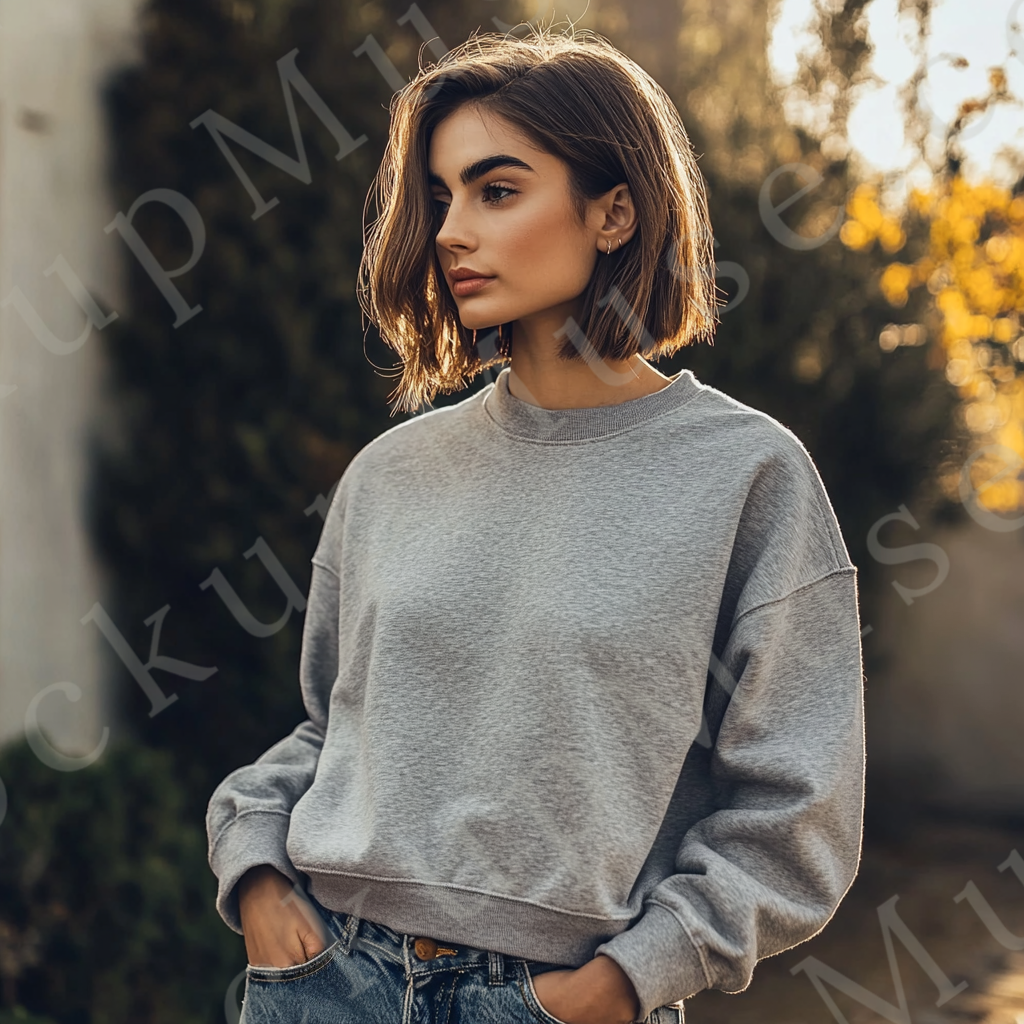 Womens grey sweatshirt mockup – lifestyle, outdoor city, casual stance; Gildan 18000 fit