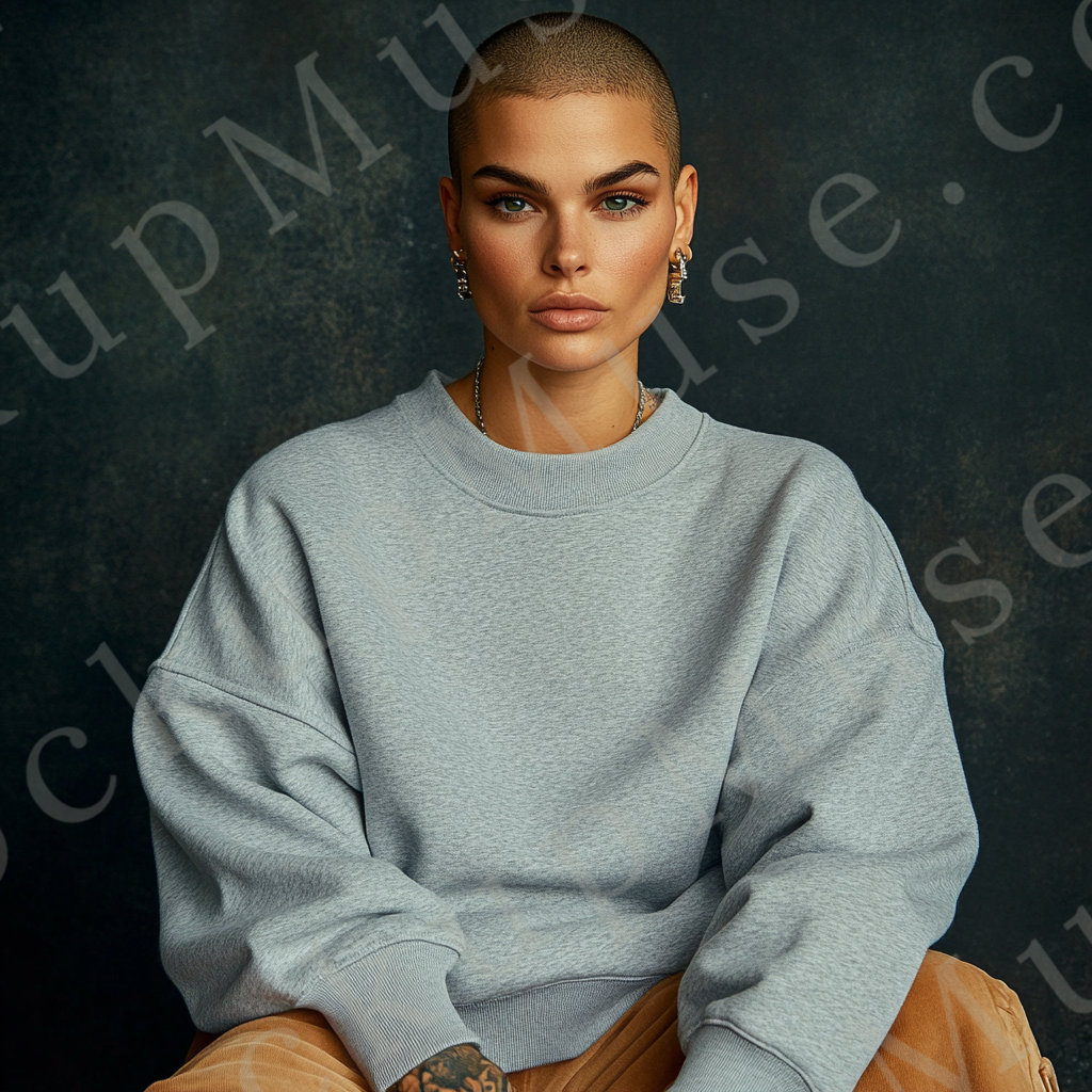 Womens grey sweatshirt mockup – studio editorial, dramatic dark backdrop; Gildan 18000 fit