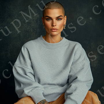 Womens grey sweatshirt mockup – studio editorial, dramatic dark backdrop; Gildan 18000 fit