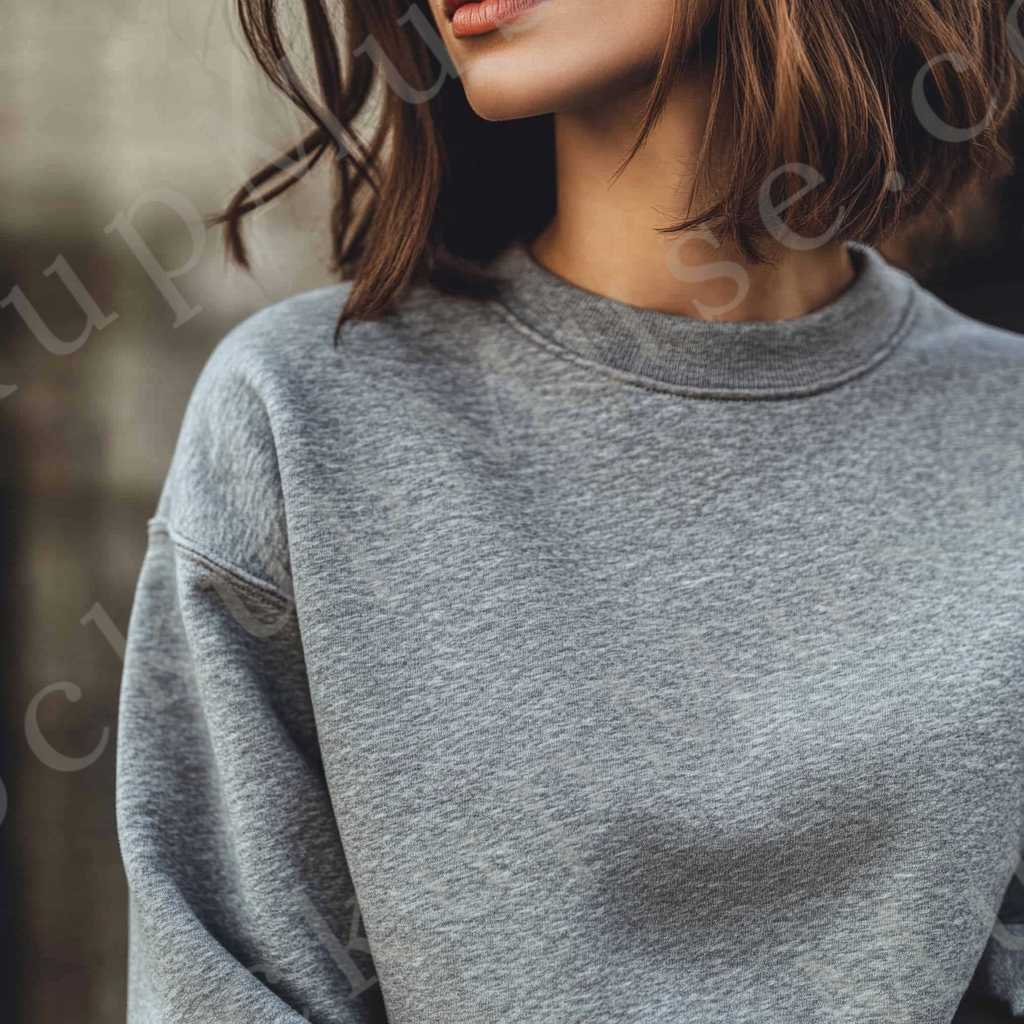 Womens grey sweatshirt mockup – lifestyle, outdoor close-up, angled shot; Gildan 18000 fit
