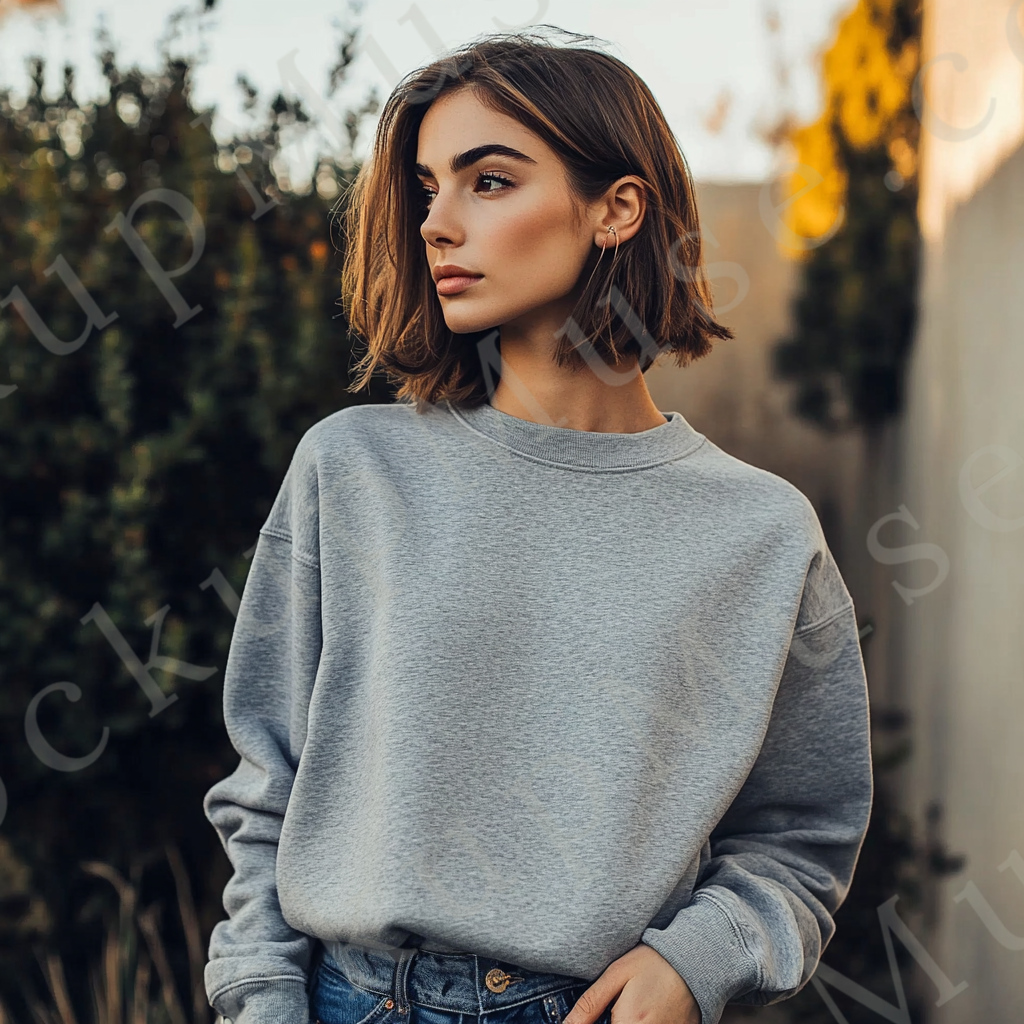Womens grey sweatshirt mockup – lifestyle, outdoor city background; Gildan 18000 fit