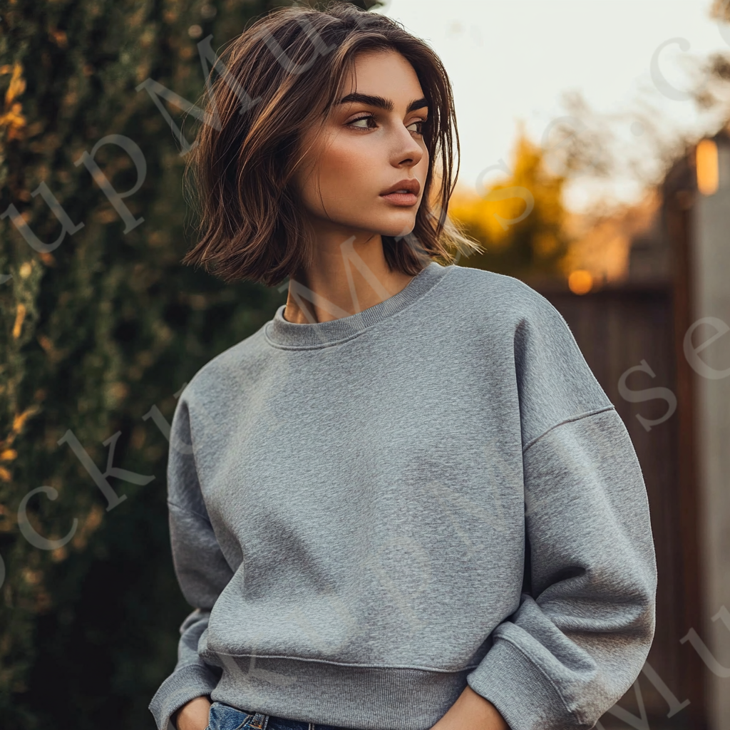 Womens grey sweatshirt mockup – lifestyle, outdoor city street; Gildan 18000 fit