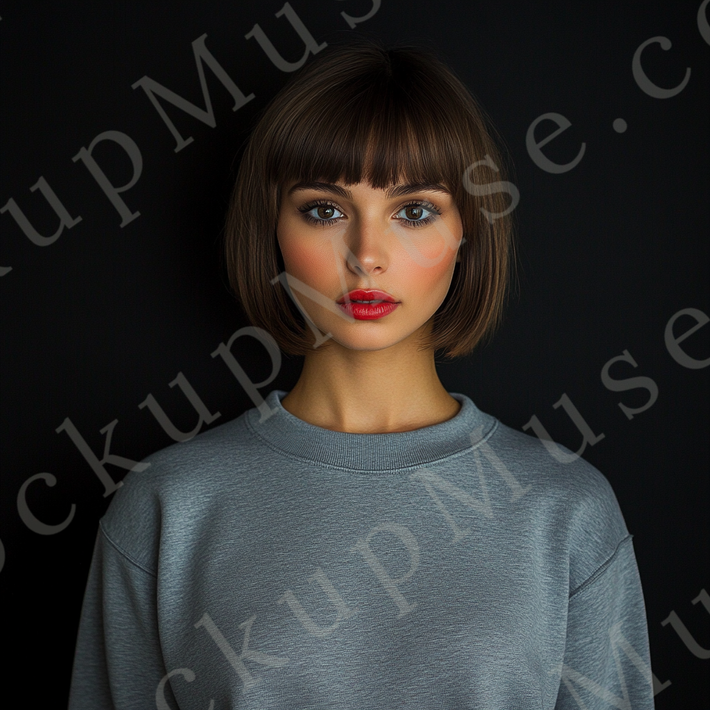 Womens grey sweatshirt mockup – studio portrait, dark background; Gildan 18000 fit