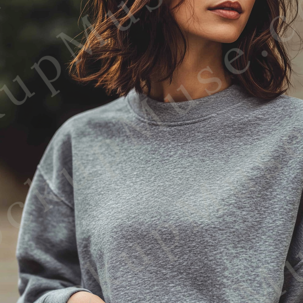 Womens grey sweatshirt mockup – studio close-up, angled crop; Gildan 18000 fit
