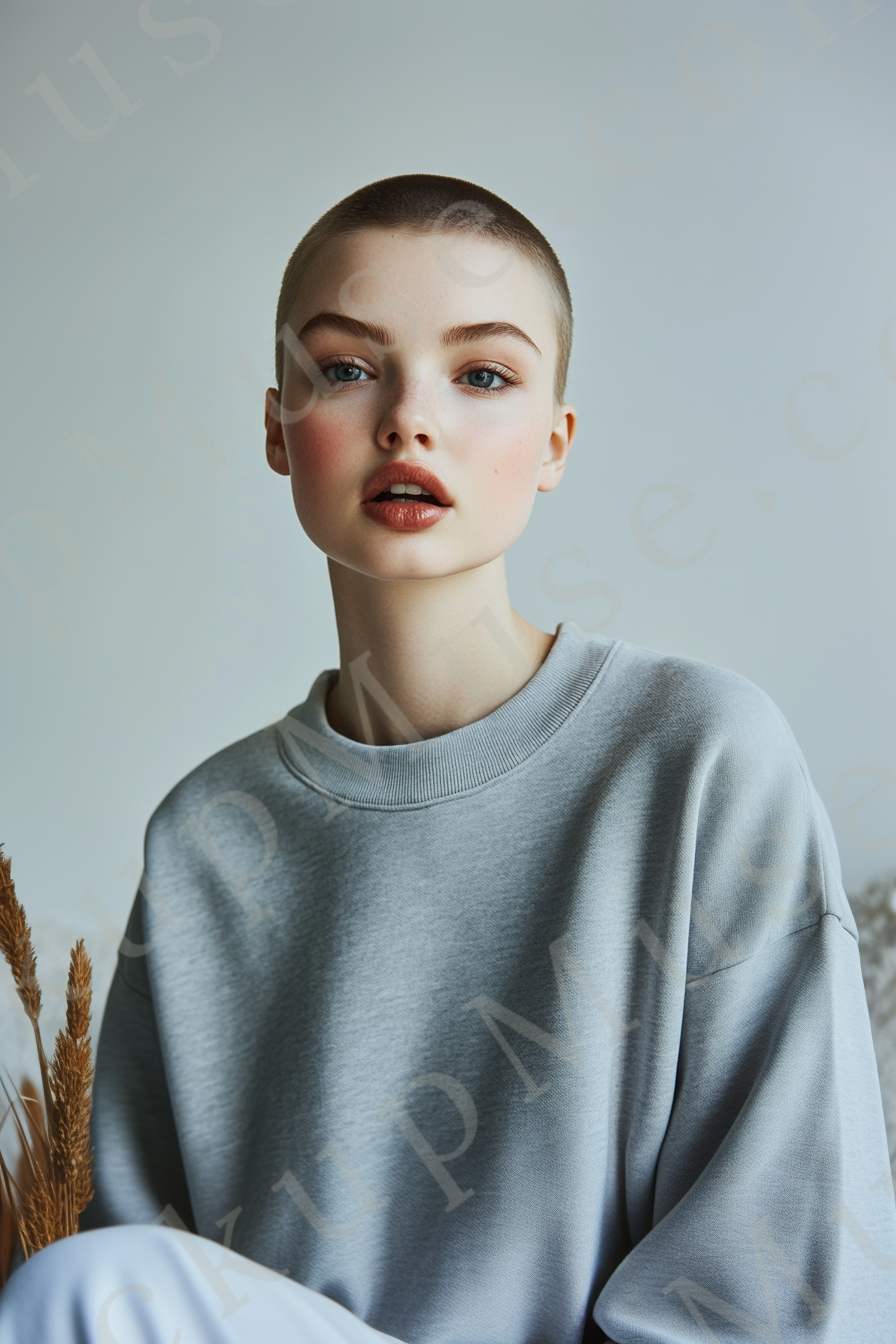 Womens grey sweatshirt mockup – studio portrait, clean light backdrop; Gildan 18000 fit