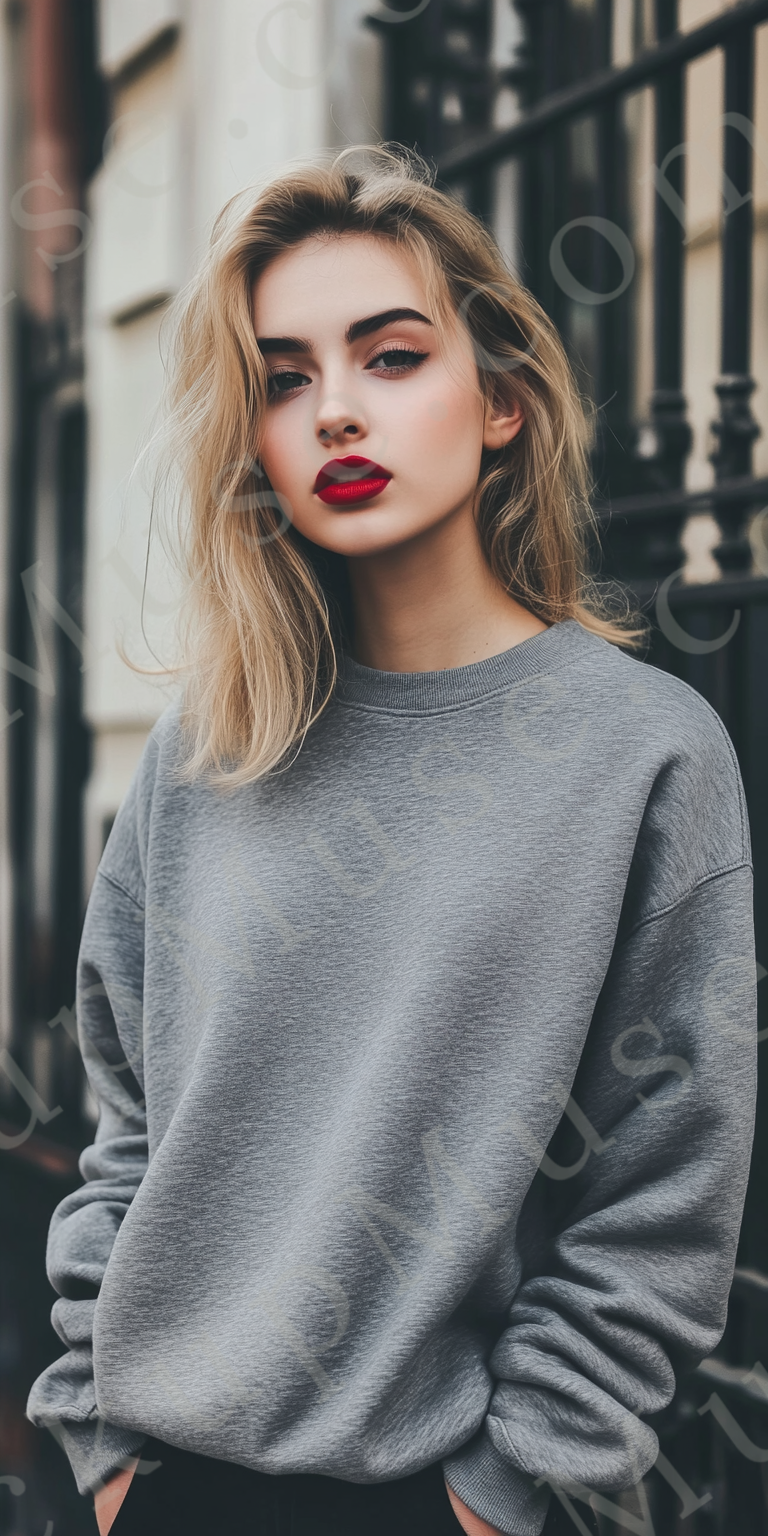 Womens grey sweatshirt mockup – lifestyle, outdoor city, standing pose; Gildan 18000 fit