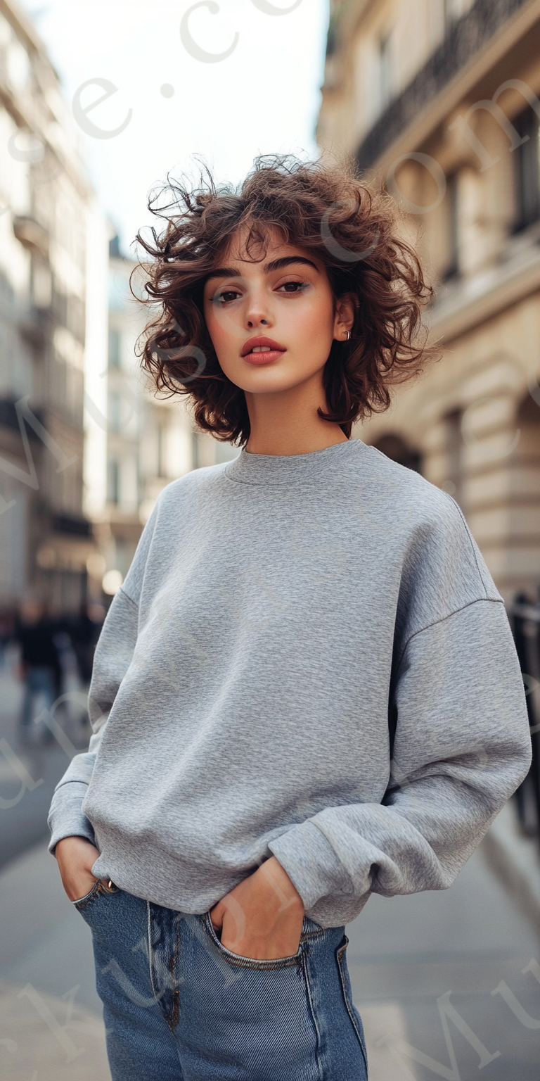 Womens grey sweatshirt mockup – lifestyle, outdoor city, casual stance; Gildan 18000 fit