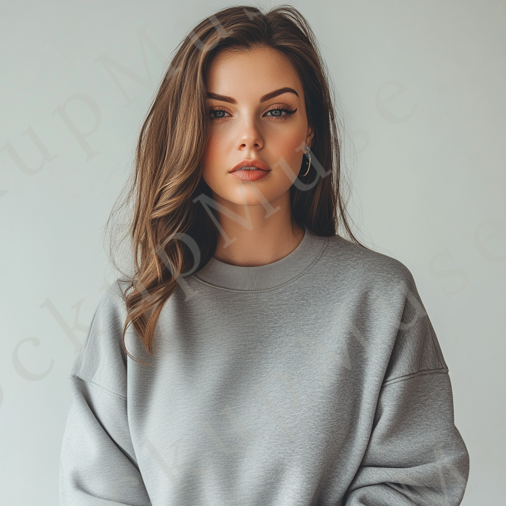 Womens grey sweatshirt mockup – studio portrait, clean background; Gildan 18000 fit