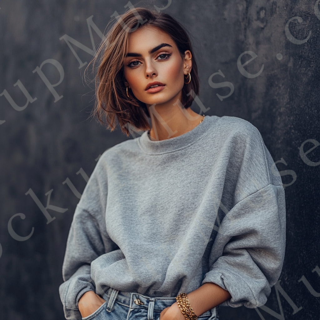 Womens grey sweatshirt mockup – studio, dark stone backdrop; Gildan 18000 fit