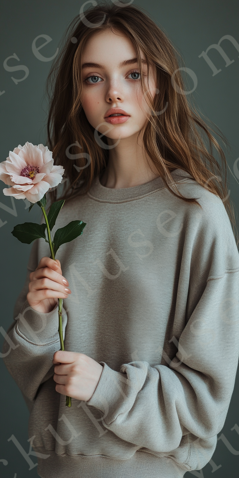 Womens grey sweatshirt mockup – lifestyle, outdoor holding flower; Gildan 18000 fit