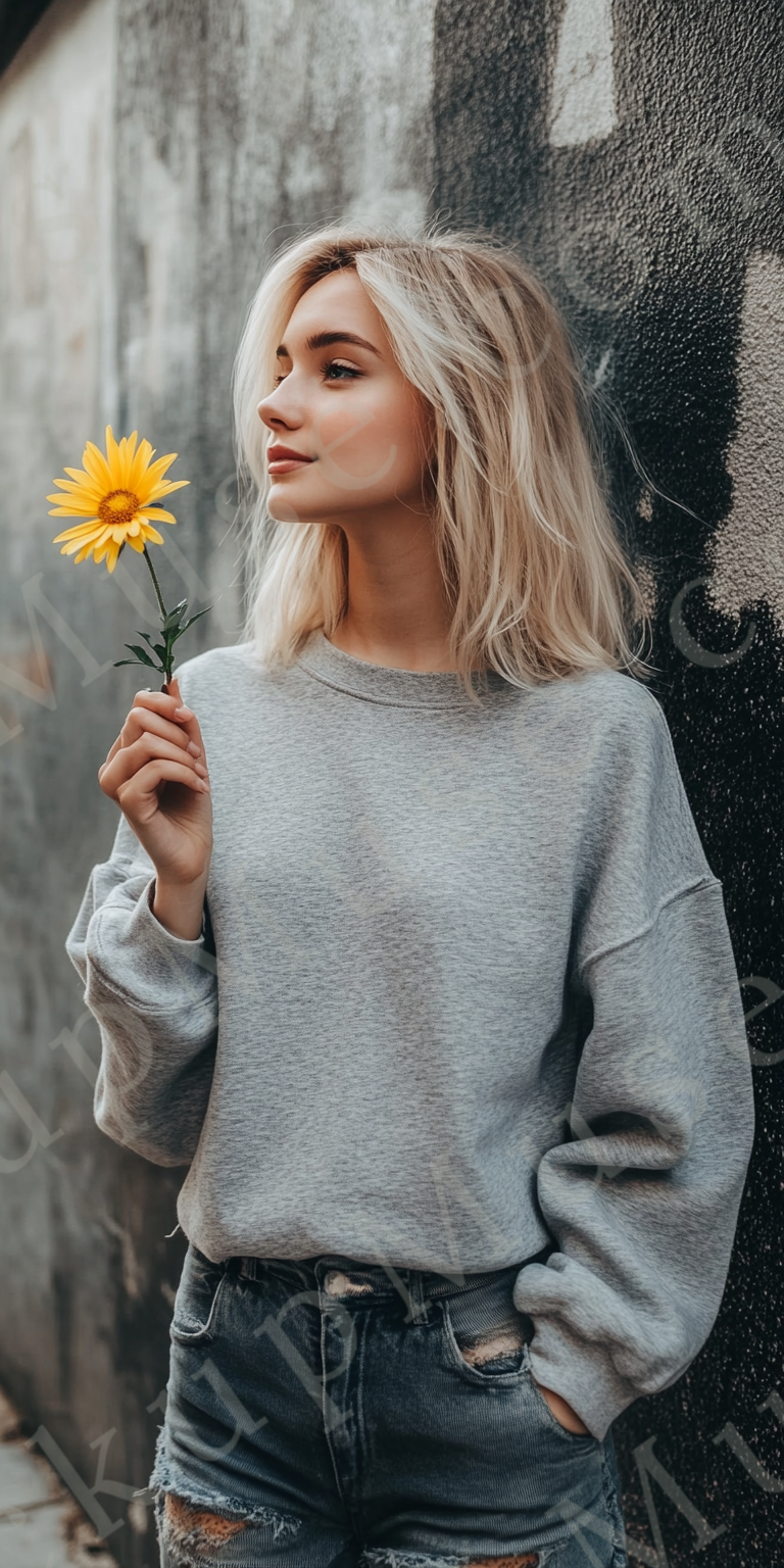 Womens grey sweatshirt mockup – lifestyle, outdoor holding yellow flower; Gildan 18000 fit