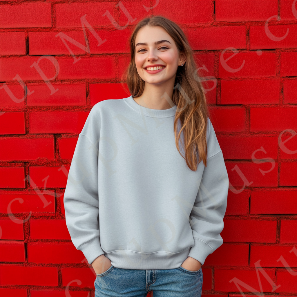 Womens grey sweatshirt mockup – lifestyle, outdoor red wall, smiling; Gildan 18000 fit