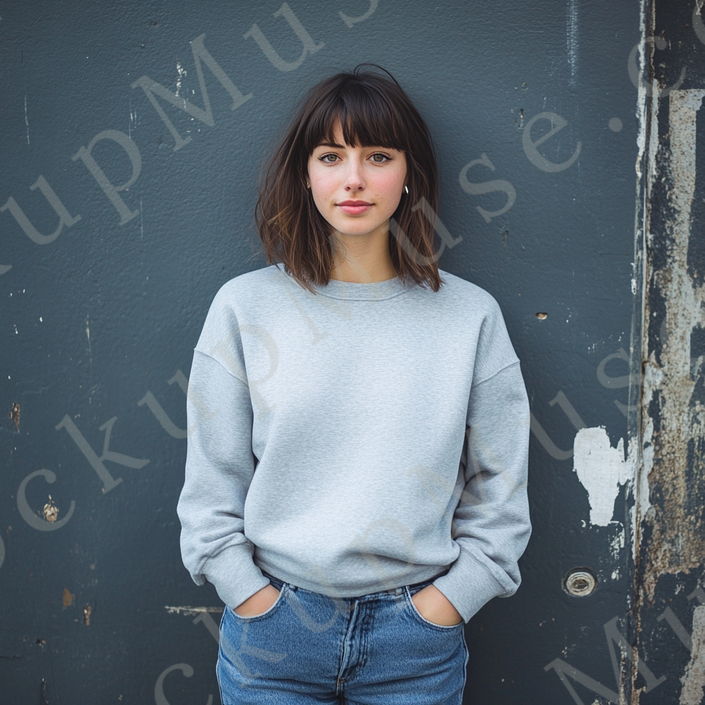 Womens grey sweatshirt mockup – lifestyle, vintage wall; Gildan 18000 fit