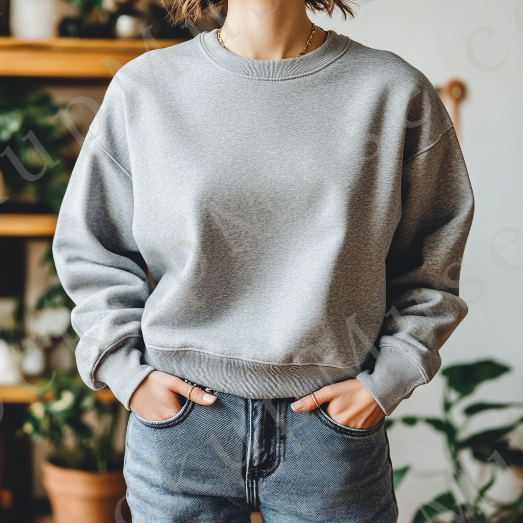 Womens grey sweatshirt mockup – lifestyle, indoor with plants; Gildan 18000 fit