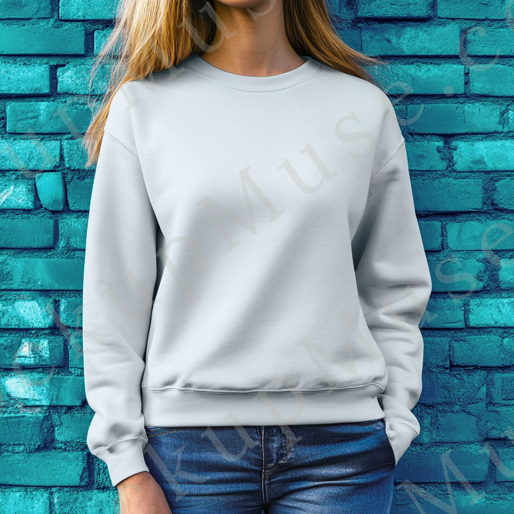 Womens grey sweatshirt mockup – lifestyle, outdoor bright blue wall; Gildan 18000 fit