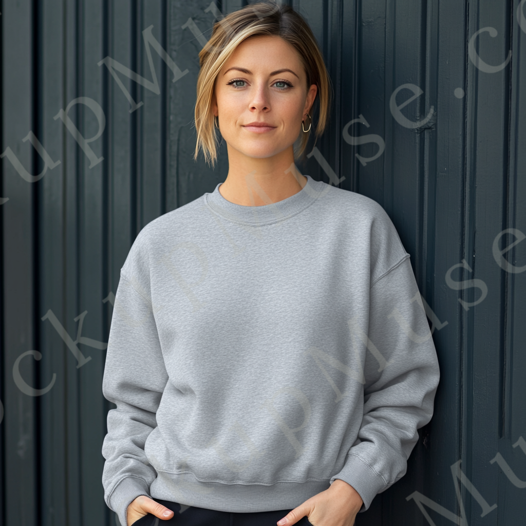 Womens grey sweatshirt mockup – lifestyle, outdoor casual wall lean; Gildan 18000 fit
