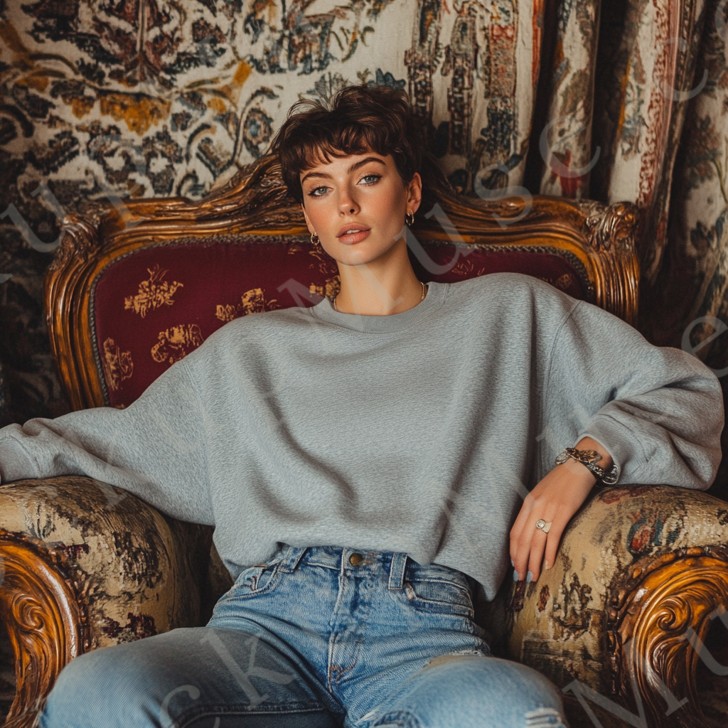 Womens grey sweatshirt mockup – lifestyle, indoor ornate chair (editorial); Gildan 18000 fit