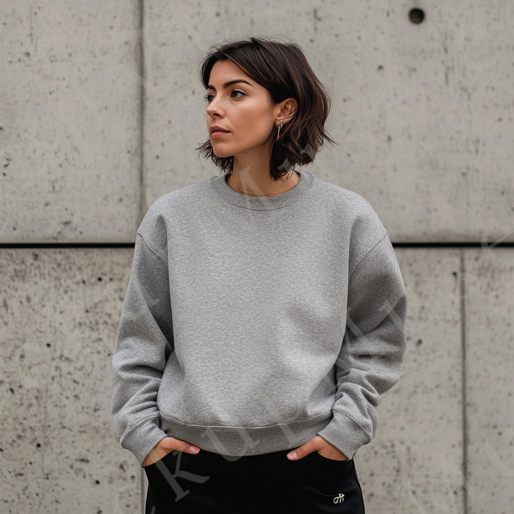 Womens grey sweatshirt mockup – lifestyle editorial, stone wall background; Gildan 18000 fit