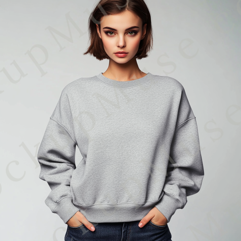Womens grey sweatshirt mockup – studio, neutral clean backdrop; Gildan 18000 fit