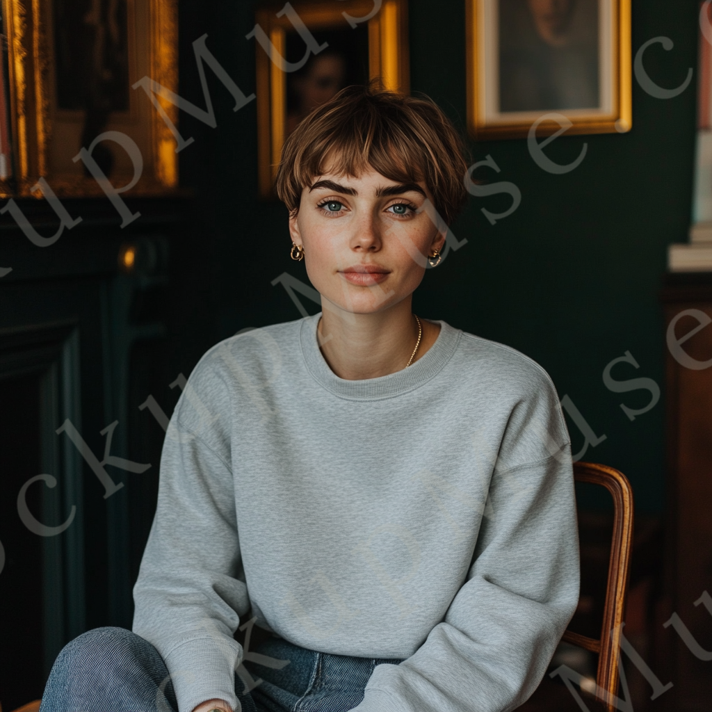 Womens grey sweatshirt mockup – lifestyle, indoor cozy/lounge vibe; Gildan 18000 fit