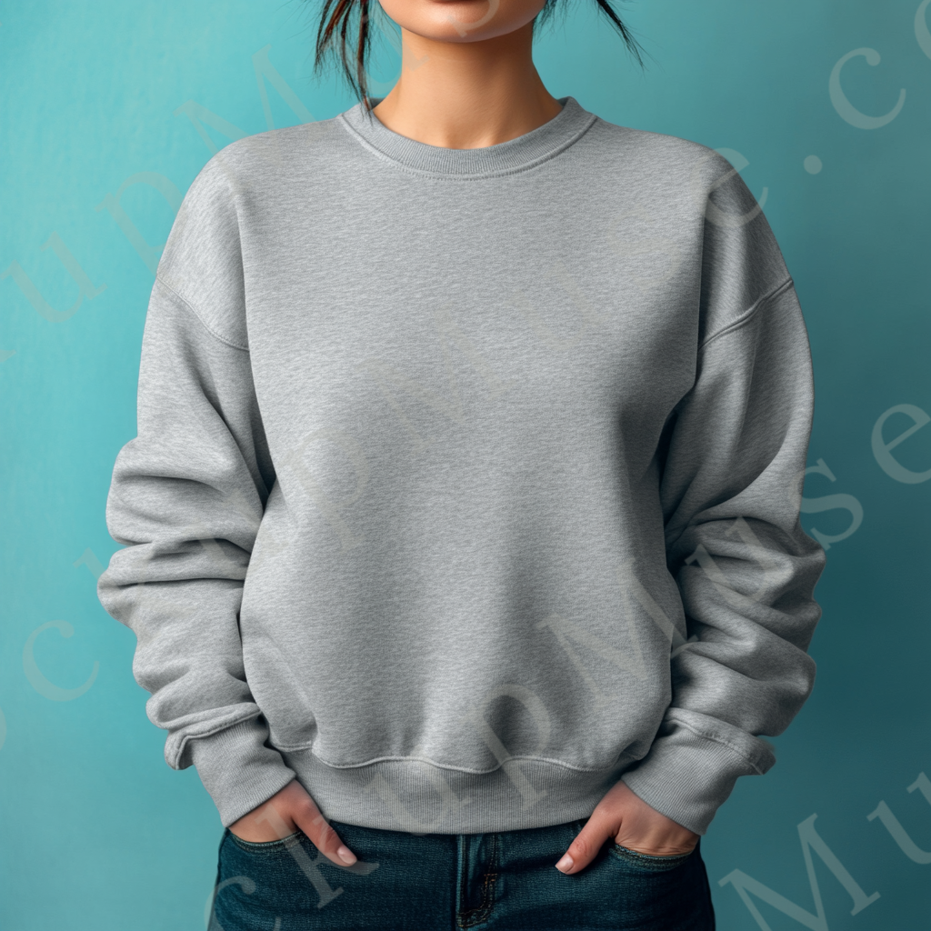 Womens grey sweatshirt mockup – studio, turquoise wall backdrop; Gildan 18000 fit