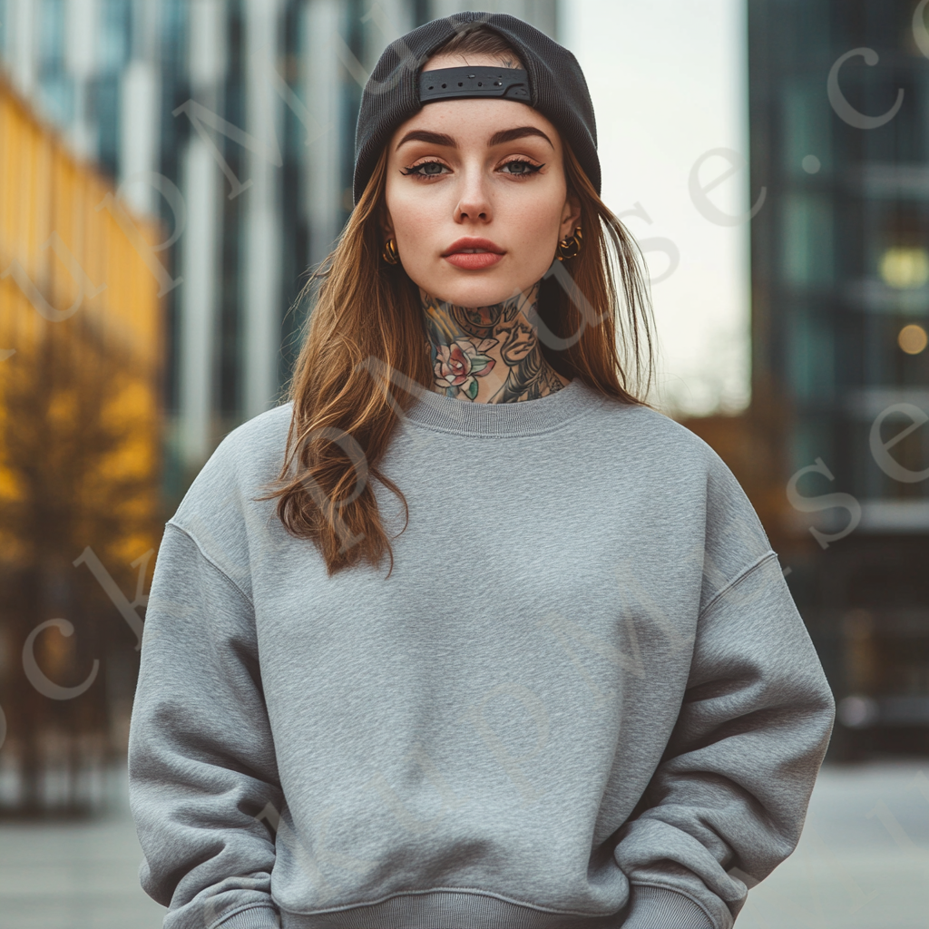 Womens grey sweatshirt mockup – lifestyle, outdoor city with cap, tattoos visible; Gildan 18000 fit