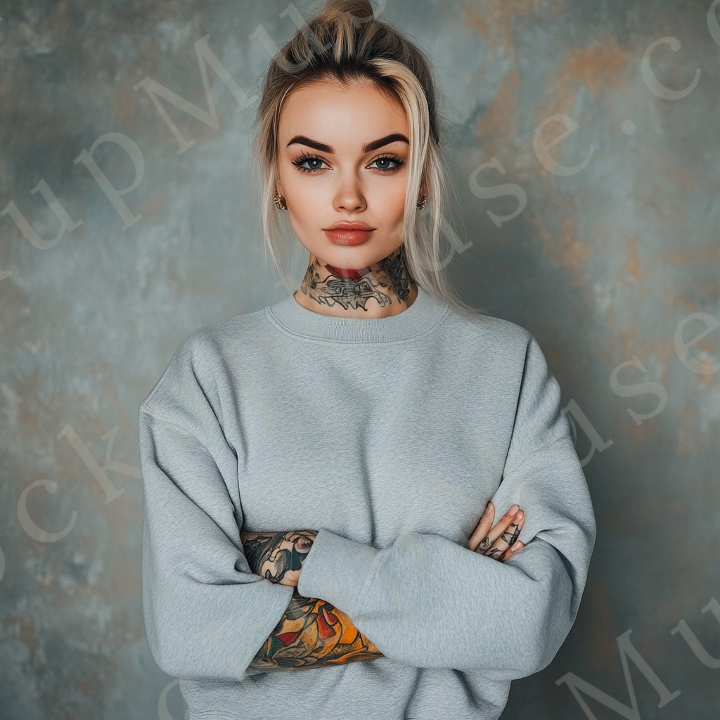 Womens grey sweatshirt mockup – studio, textured painted wall (cool tones); Gildan 18000 fit