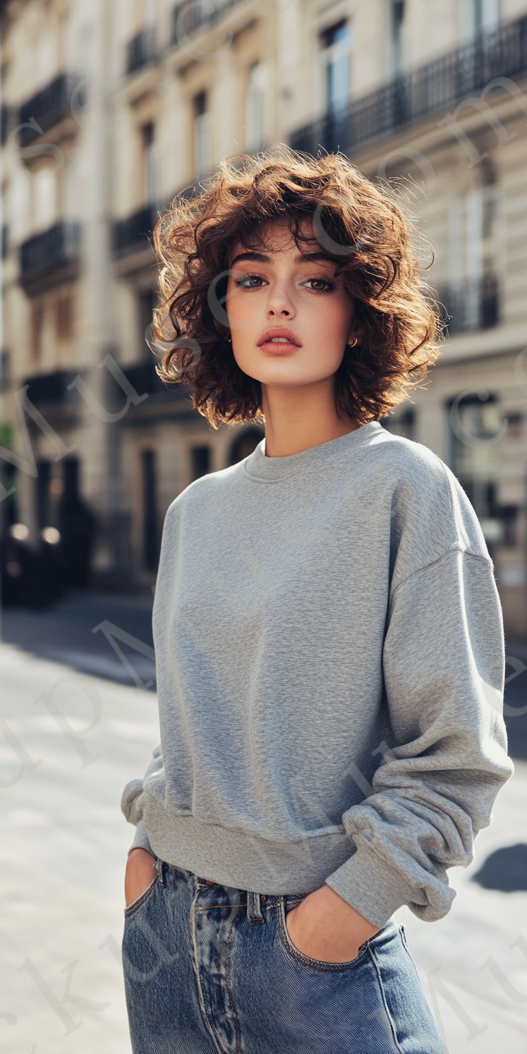Womens grey sweatshirt mockup – lifestyle, outdoor city street; Gildan 18000 fit