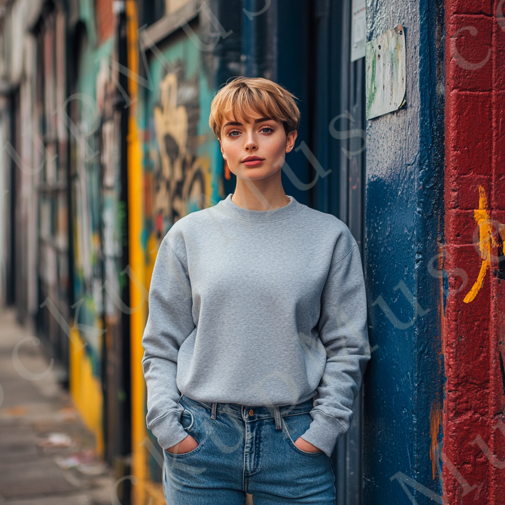 Womens grey sweatshirt mockup – lifestyle outdoor city graffiti wall; Gildan 18000 fit