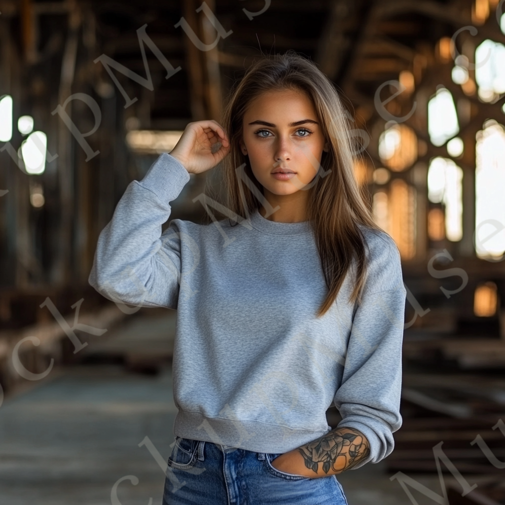 Womens grey sweatshirt mockup – lifestyle, outdoor industrial setting; Gildan 18000 fit
