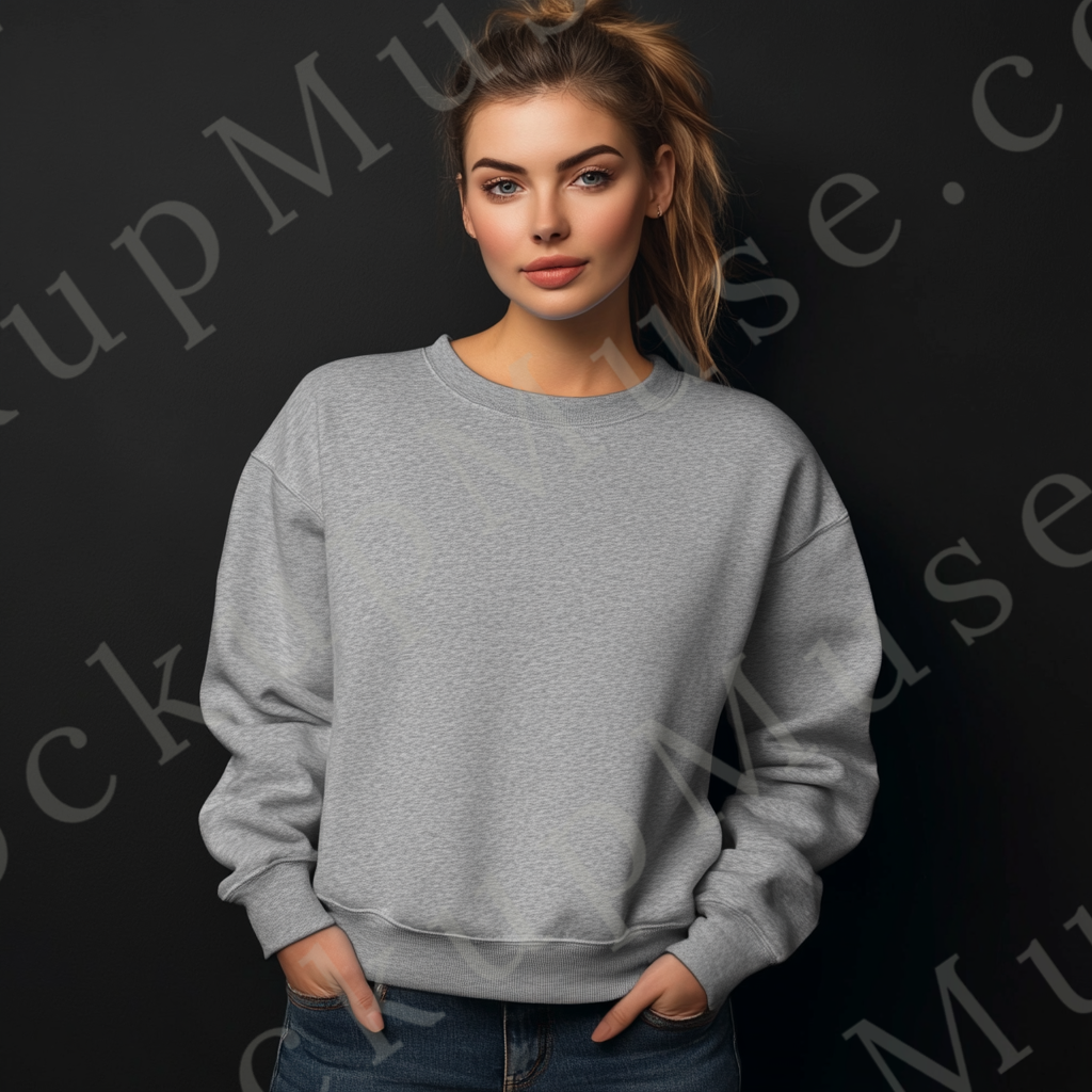 Womens grey sweatshirt mockup – studio portrait, neutral backdrop; Gildan 18000 fit