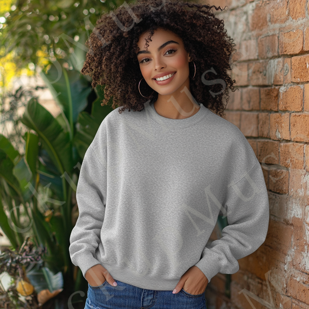 Womens grey sweatshirt mockup – lifestyle, outdoor casual smile; Gildan 18000 fit