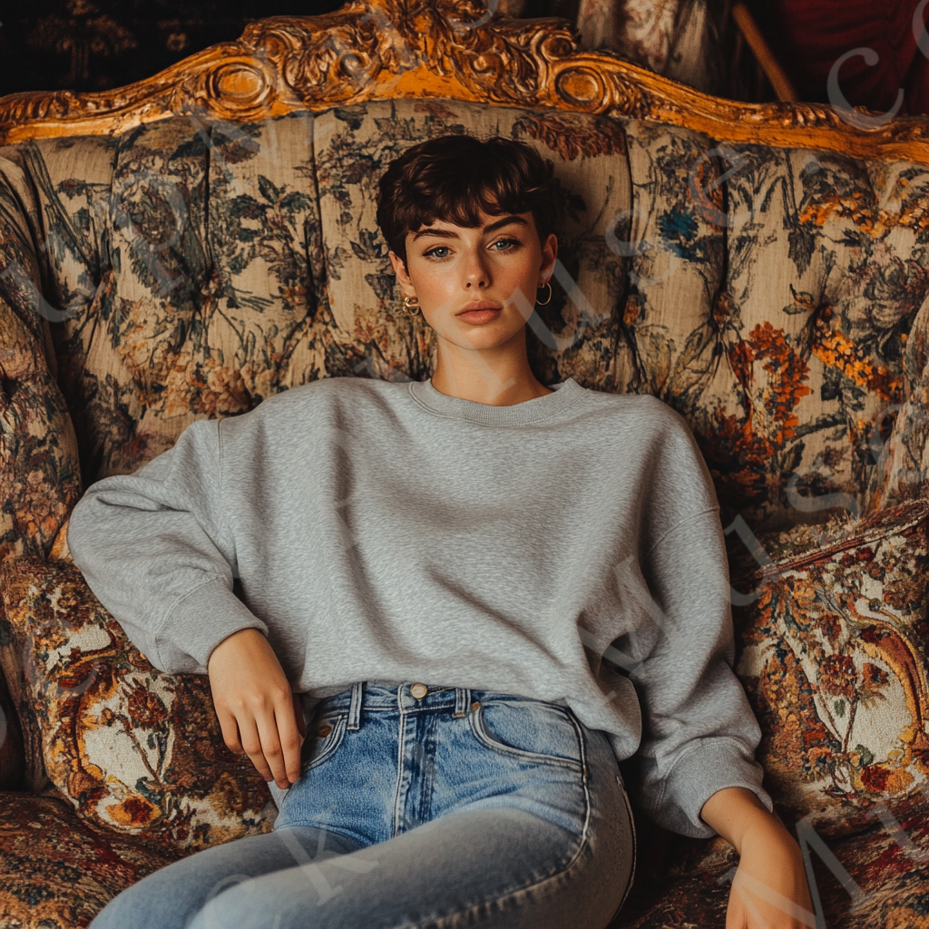Womens grey sweatshirt mockup – lifestyle, indoor ornate chair (editorial); Gildan 18000 fit