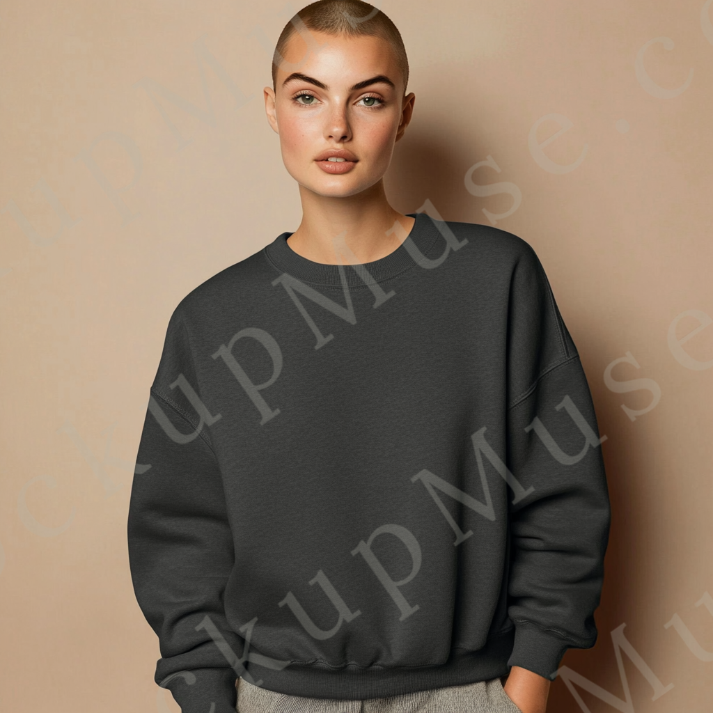Womens grey sweatshirt mockup – studio portrait, beige wall; Gildan 18000 fit